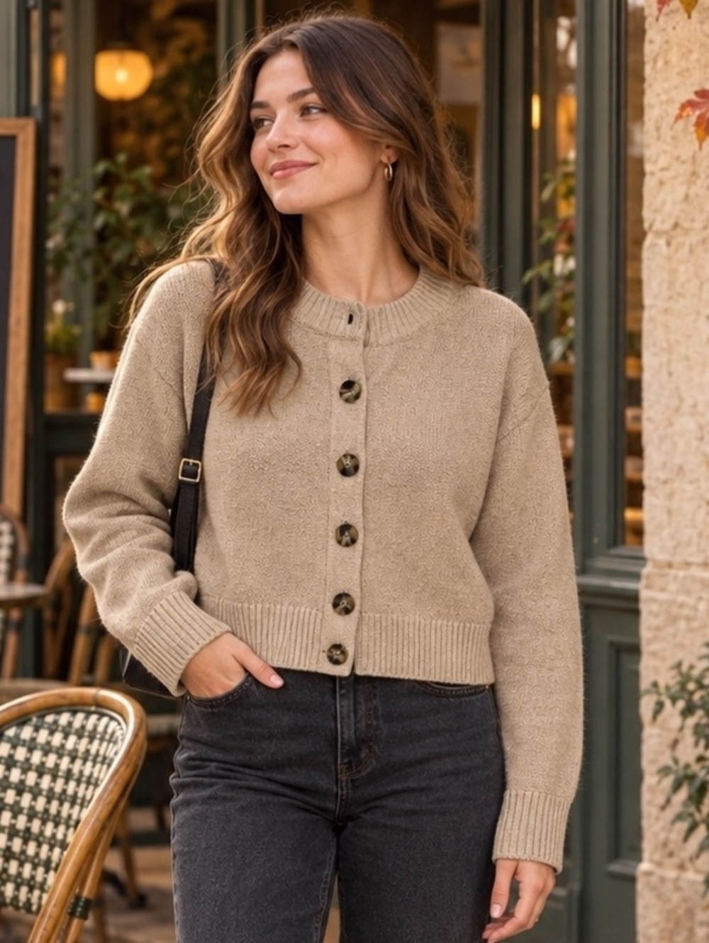 Quince 100% Organic Cotton Cropped Button-Front Cardigan, oatmeal, M